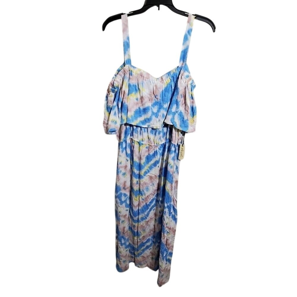Liberty Love Womens 2XL Tie Dye Cold Shoulder Midi Dress Blue Pink Yellow Boho